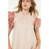 Darcey Embroidered Sleeve Tan Leather Textured THML Top