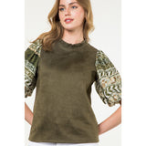 Coryelle Olive Suede Mixed Media THML Top SALE