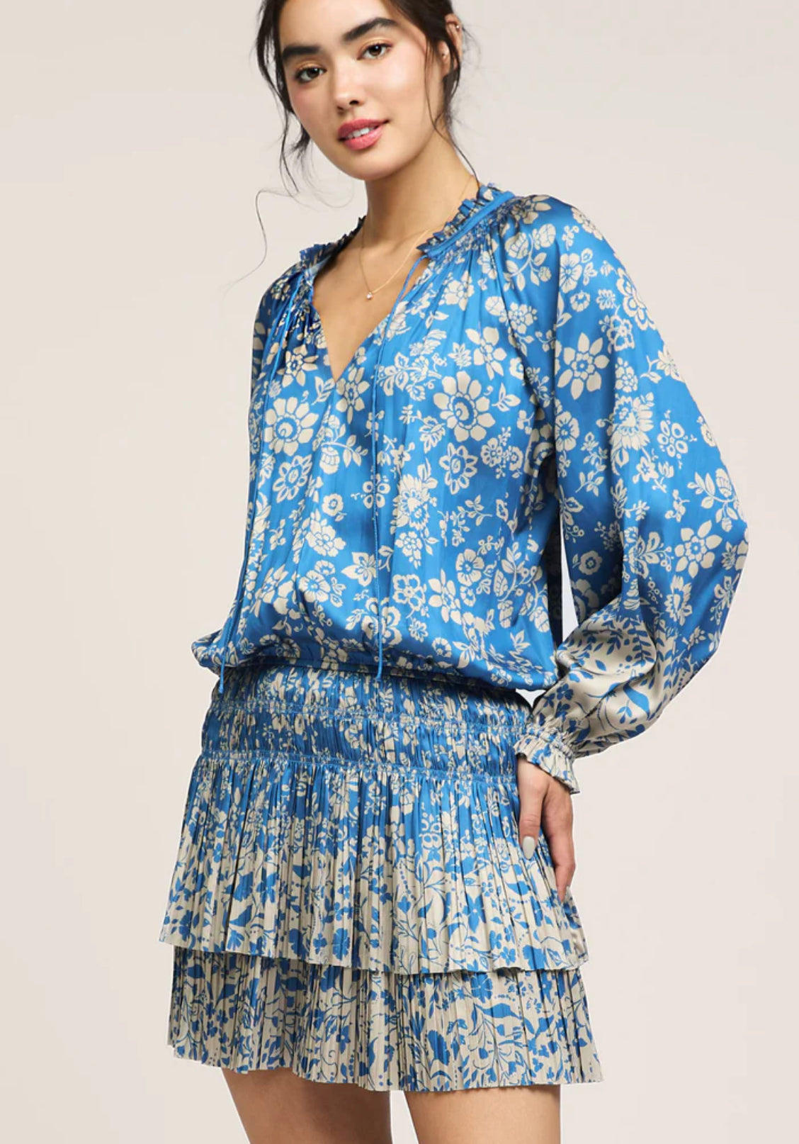 Keely Blue Print Pleated Current Air Mini Dress L Keely Blue Print Pleated Current Air Mini Dress L