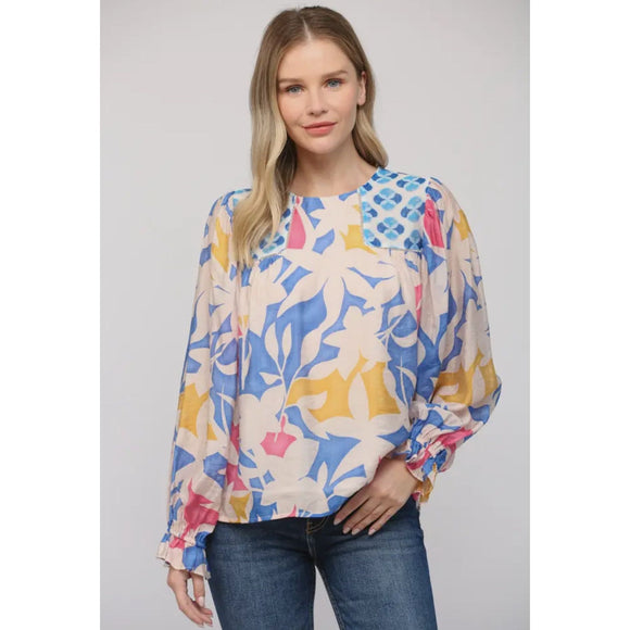 Quinn Lace Insert Mixed Print Peasant FATE Top-SALE