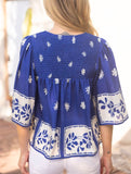 Cate Royal Blue Floral Print Smocked VOY Top