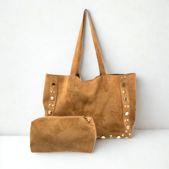 Bowen Tan Suede Large BC Bag with Studs