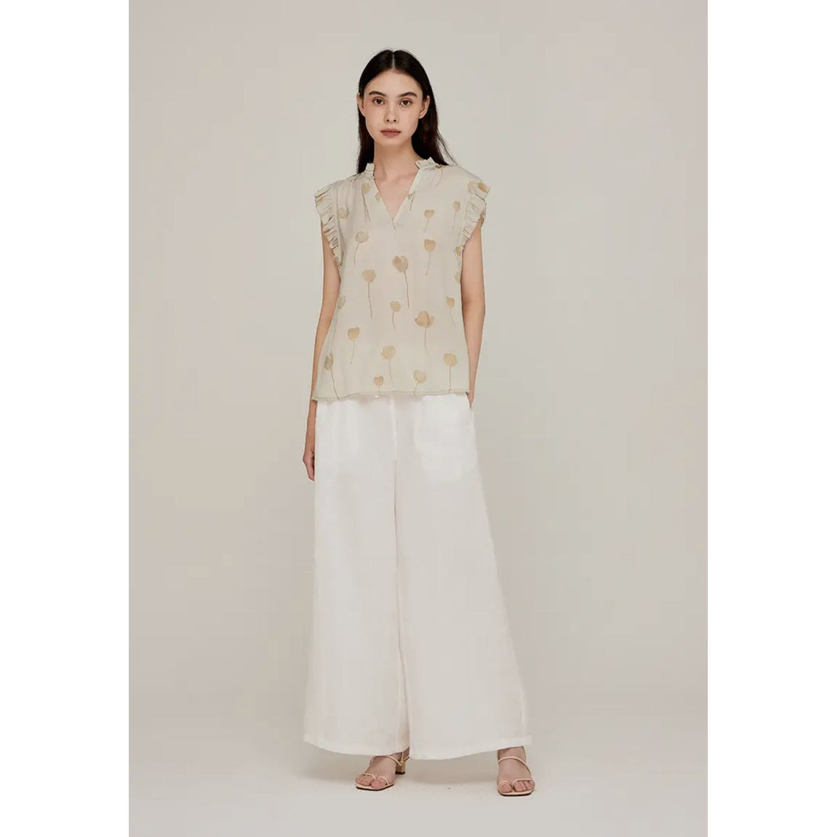 Octavia Fog Grade and Gather Ruffle Sleeve Satin Print Blouse – Fig ...