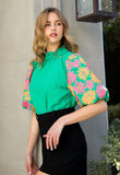 Abbot Green Embroidered Sleeve THML Top