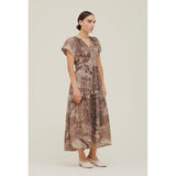 Ellerie Chicory Grade and Gather Ruffle Print Midi Dress