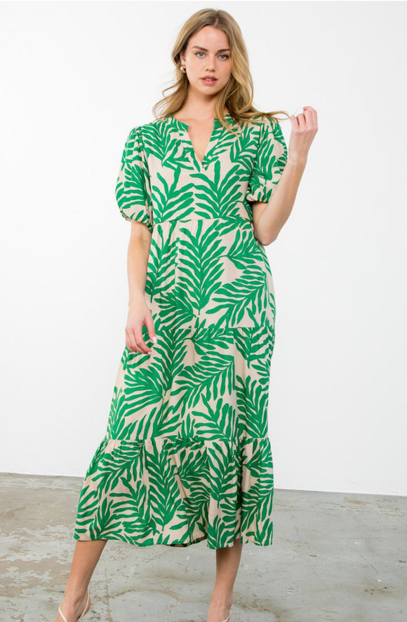 Turin Green Leaf Print Maxi THML Dress