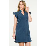 Liz Teal Flutter Sleeve Corduroy THML Dress