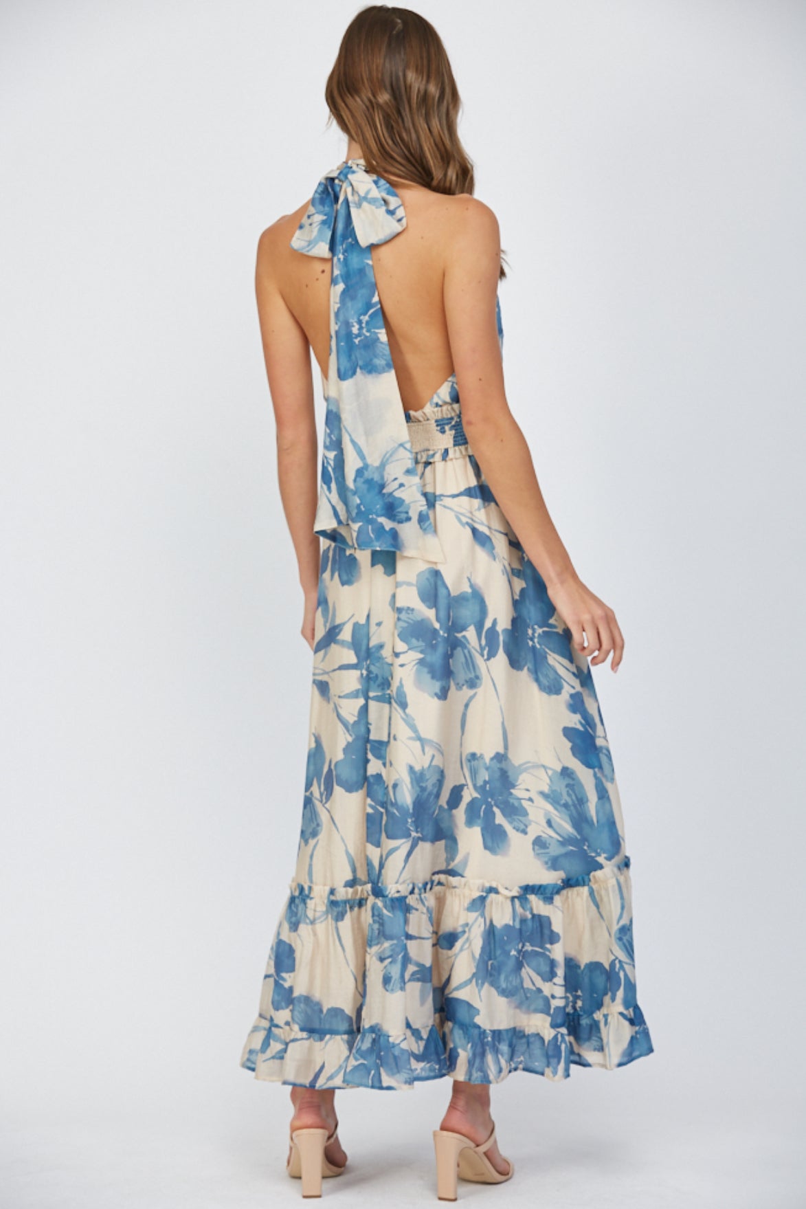 fate maxi dress FATE Bold Floral Print Halter Maxi Dress in Cream/Blue S