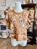 THML Bianca Flutter Sleeve Suede Embroidered Top