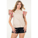 Darcey Embroidered Sleeve Tan Leather Textured THML Top - SALE