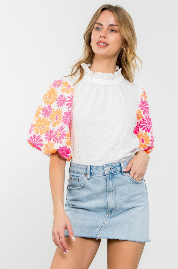 Abbot White Embroidered Sleeve THML Top