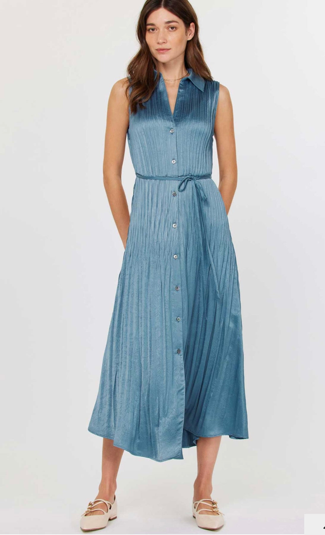 strapless open back dress Current Air Pleated Collared Sleeveless Button Front Midi Shirtdress, Womens, S, Blue