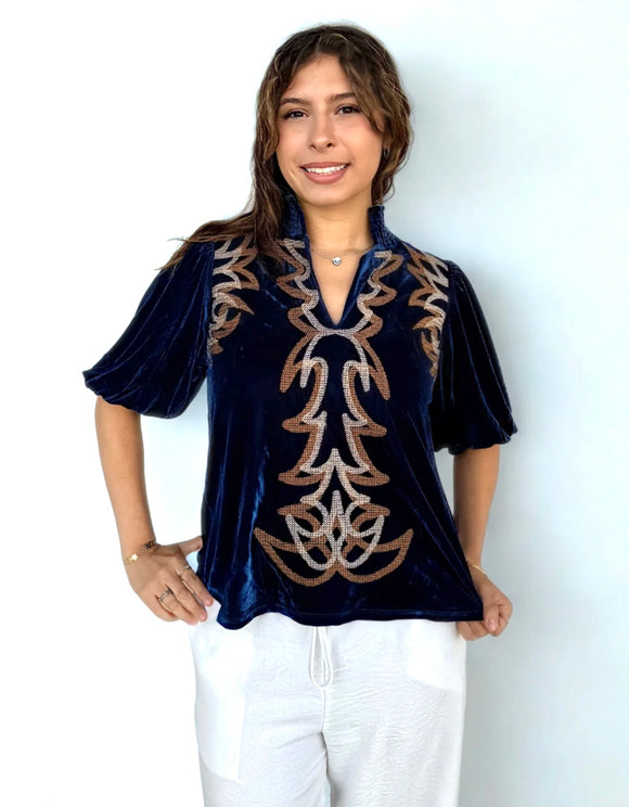 Willow Puff Sleeve Velvet Embroidered THML Top