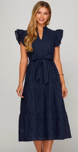 Maddie Navy Eyelet Lace Waist Tie She + Sky MIDI  Dress