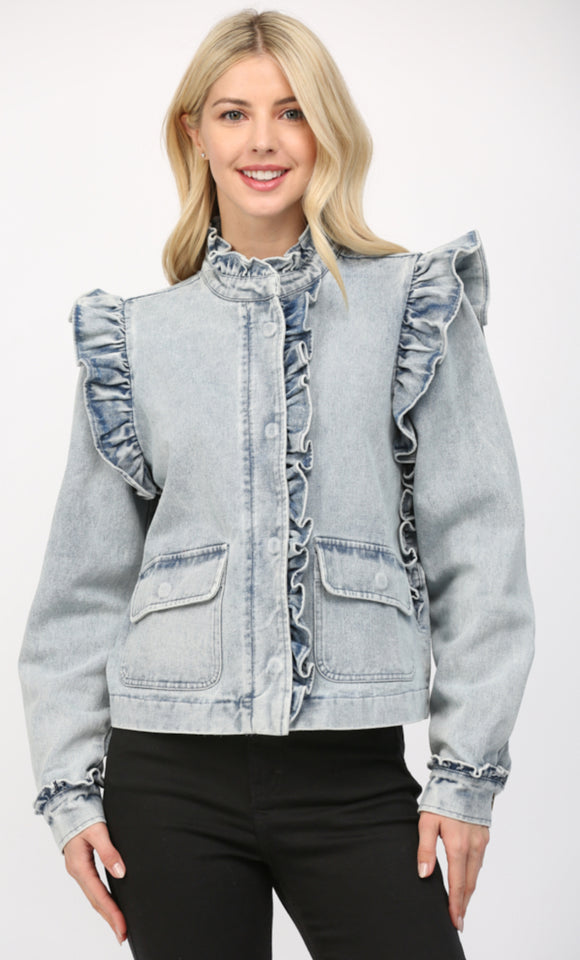 Sophia Ruffle Detail Washed  Denim FATE Jacket