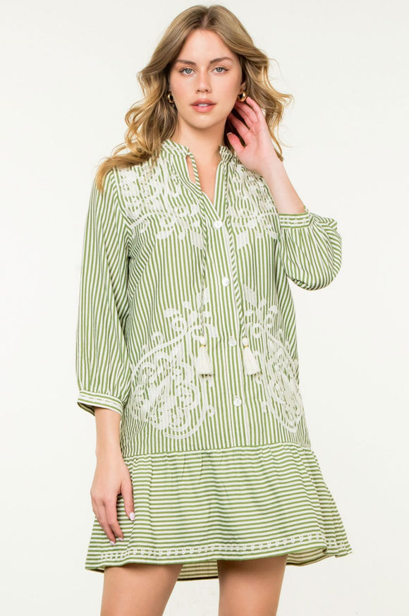 Kary Embroidered Green Stripe THML Dress