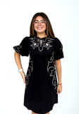 Beatrice Puff Sleeve Embroidery Detail Suede THML Dress