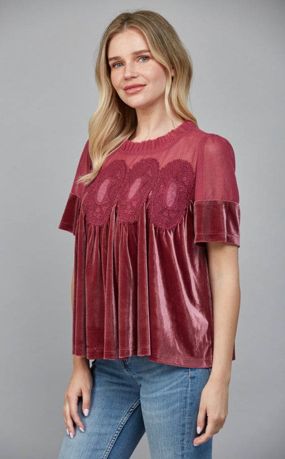Marjorie Lace Detail Velvet Babydoll FATE Top