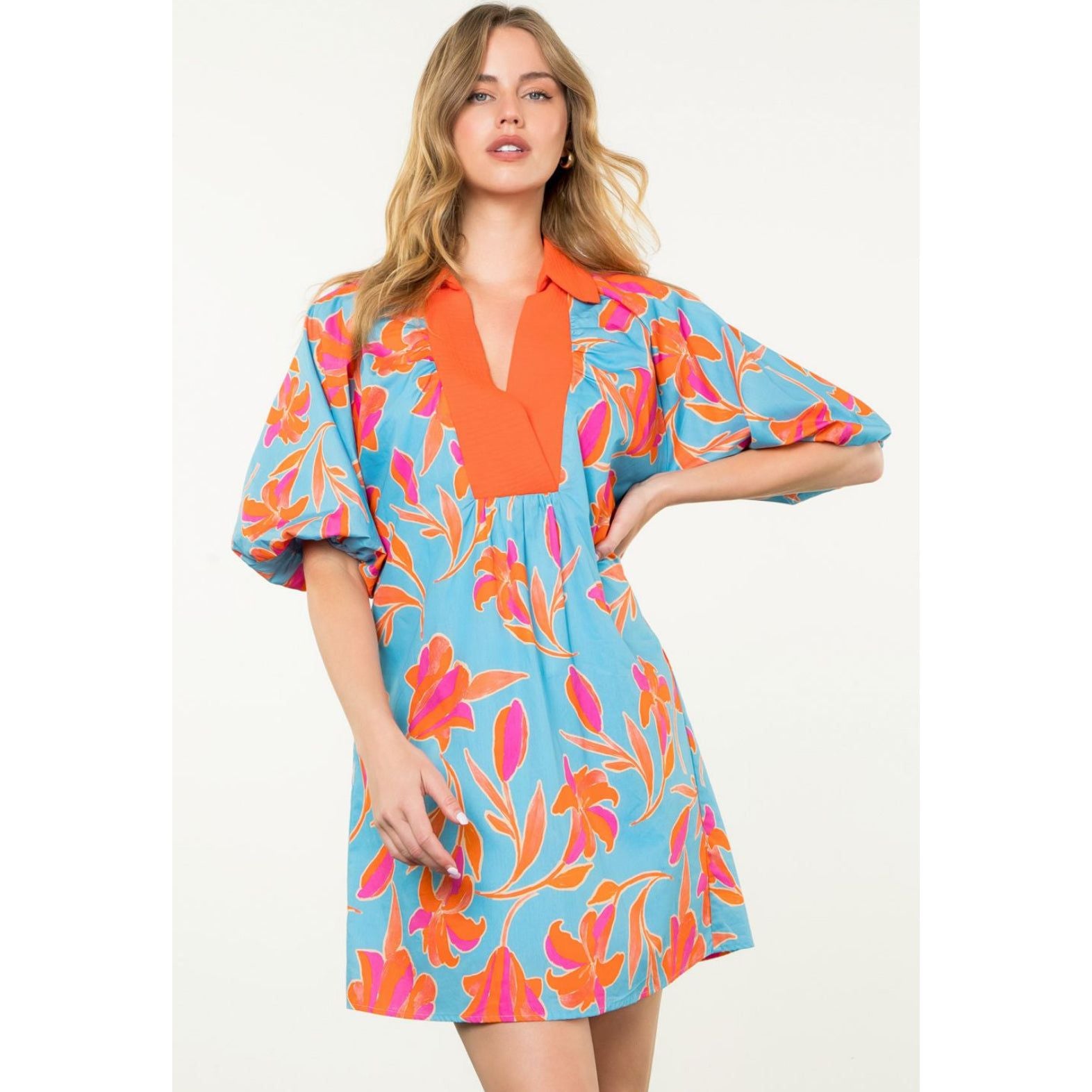 THML Sealy Blue Orange Floral Dress- SALE S THML Sealy Blue Orange Floral Dress- SALE S