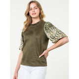 Coryelle Olive Suede Mixed Media THML Top