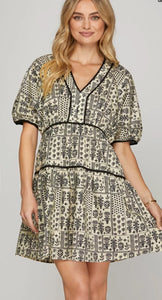 Tricia Black Print Puff Sleeve She + Sky Dress