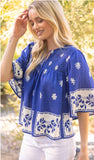 Cate Royal Blue Floral Print Smocked VOY Top