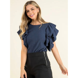 Willow Navy Puff Ruffle Sleeve THML Top