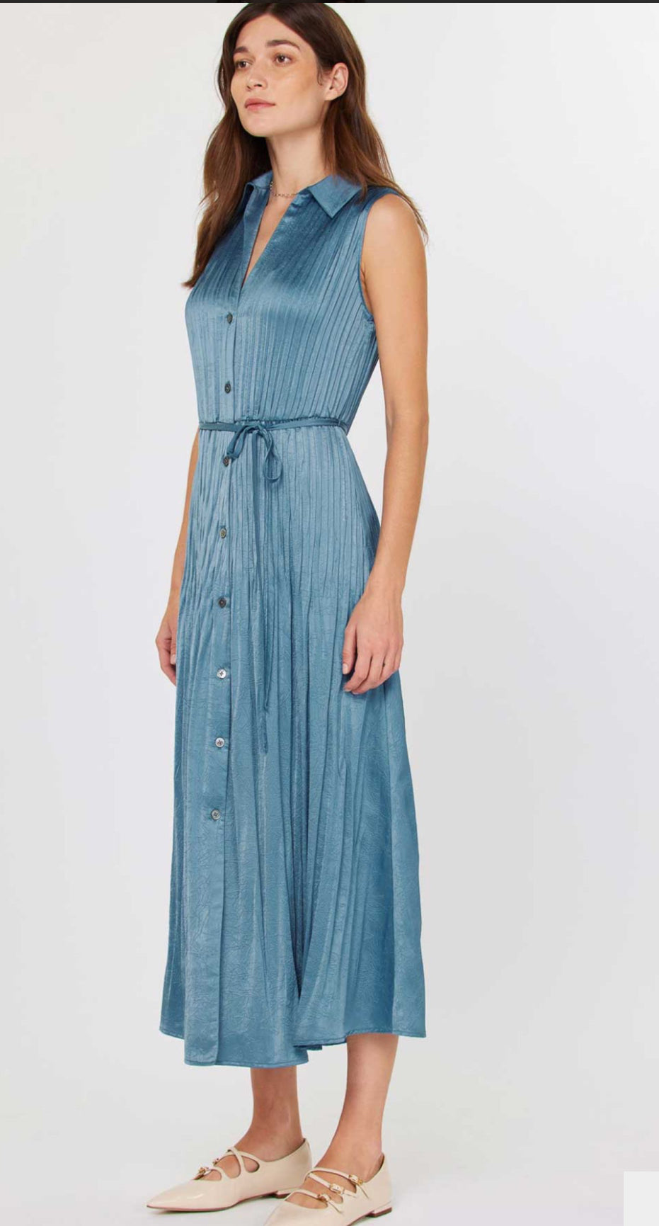 Current Air Pleated Collared Sleeveless Button Front Midi Shirtdress, Womens, S, Blue Current Air Pleated Collared Sleeveless Button Front Midi Shirtdress, Womens, S, Blue