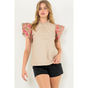 Darcey Embroidered Sleeve Tan Leather Textured THML Top - SALE