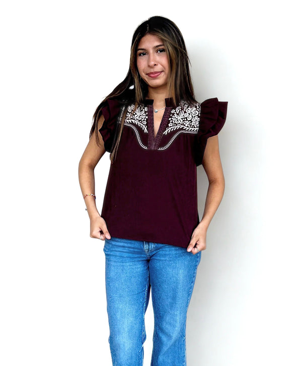 Leah Flutter Sleeve Embroidered THML Top