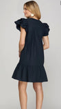 Georgia Navy Embroidered Ruffle Sleeve She + Sky Dress