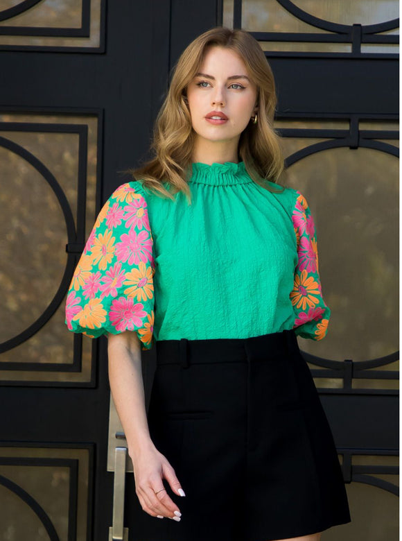 Abbot Green Embroidered Sleeve THML Top