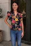 THML Alina Ruffle Sleeve Floral Pattern V Neck Top