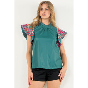 Davie Embroidered Sleeve Teal Leather Textured THML Top