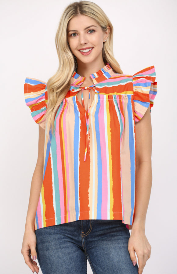 Beth Bright Multi Color Ruffle Sleeve FATE Top