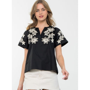 Taylor Black Floral Embroidered THML Top