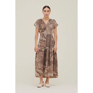 Ellerie Chicory Grade and Gather Ruffle Print Midi Dress