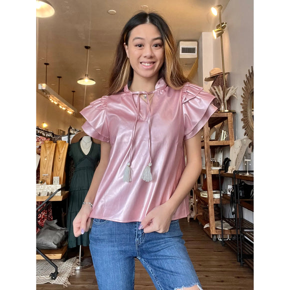 Carrie Pink Leather Flutter Sleeve THML Top
