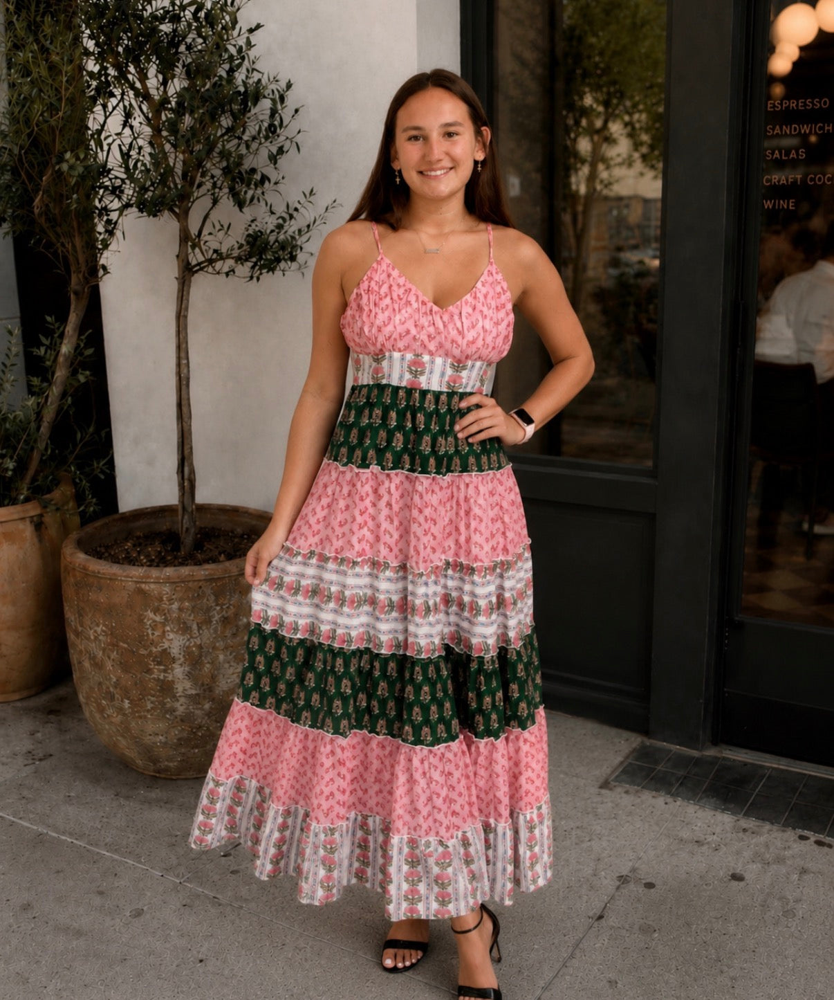 THML Beatriz Thin Strap Patterned Tiered Maxi Dress