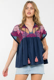 Shelley Embroidered Babydoll Tassel THML Top