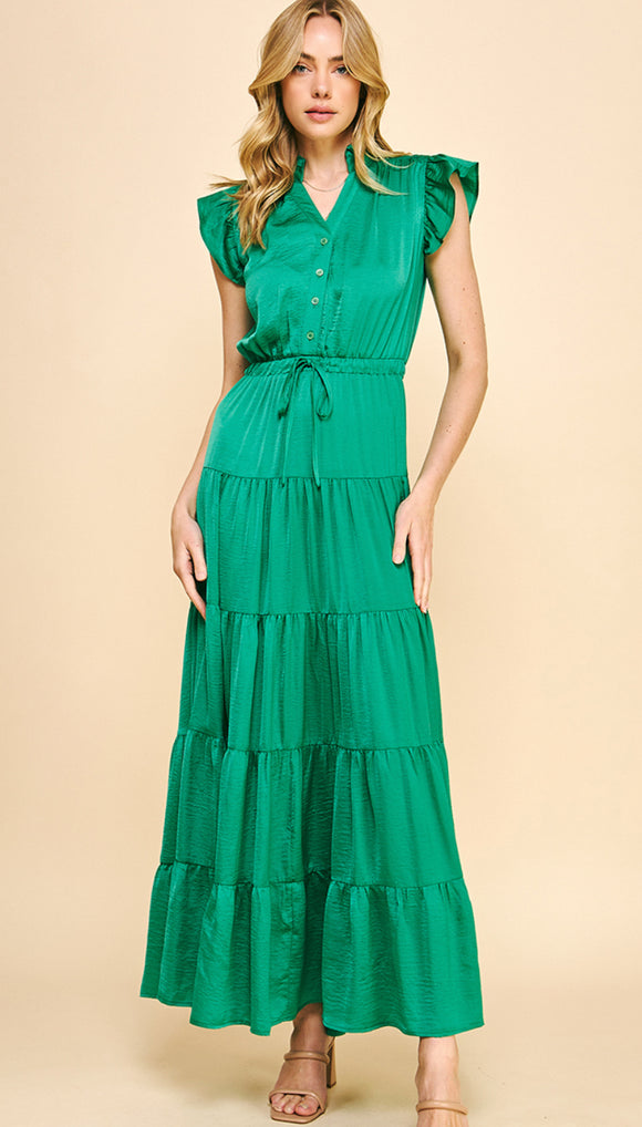 Lex Green Satin Tiered  Maxi PINCH Dress