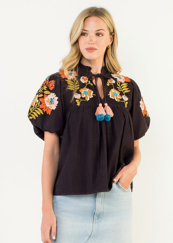 Marlowe Puff Sleeve Embroidered Detail Tie Tassel THML Top