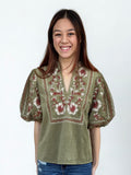 Laurel Puff Sleeve Floral Embroidery Corduroy THML Top