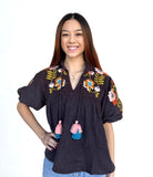 Marlowe Puff Sleeve Embroidered Detail Tie Tassel THML Top