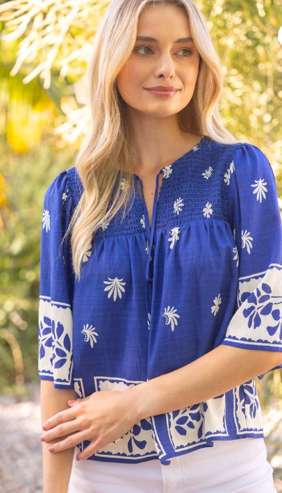 Cate Royal Blue Floral Print Smocked VOY Top