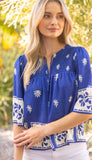 Cate Royal Blue Floral Print Smocked VOY Top