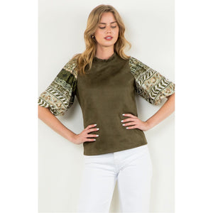 Coryelle Olive Suede Mixed Media THML Top SALE