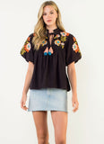 Marlowe Puff Sleeve Embroidered Detail Tie Tassel THML Top