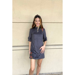 Leah Embroidered Ruffle Sleeve Suede Dress