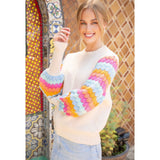 Stacey Cream Ribbed Knit Multi Color Pattern Sleeve THML Sweater